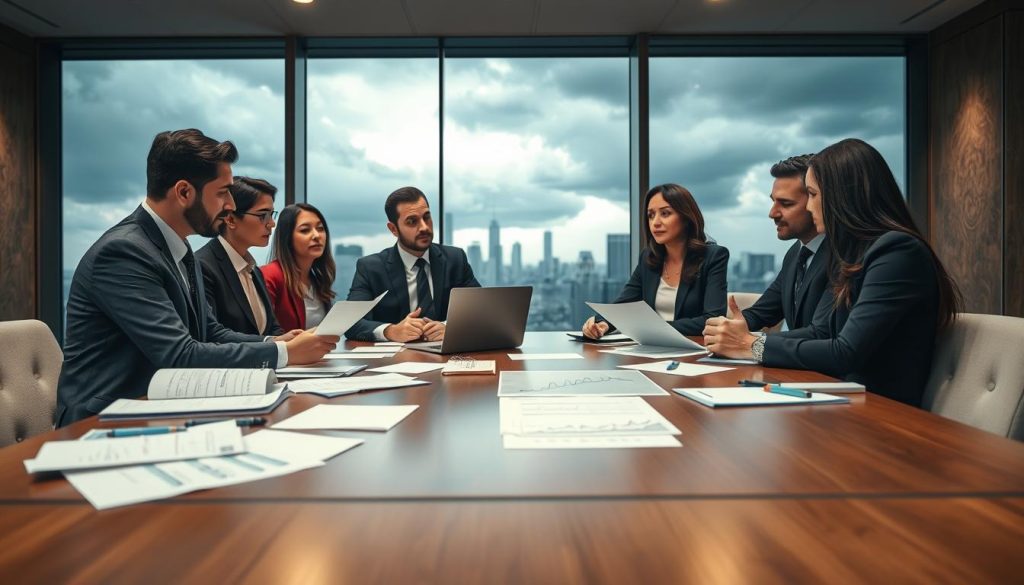 A professional business meeting scene set in a modern office environment. In the foreground, a diverse group of professionals in smart business attire discusses documents and charts related to risk management. Their expressions reflect concern and seriousness, emphasizing the topic of uncertainty in their conversation. In the middle ground, a large conference table is scattered with papers, a laptop, and a graph showing fluctuating trends in risk assessment. The background features a panoramic window with a city skyline view, showcasing a cloudy sky, which adds a dramatic mood to the setting. Soft, warm artificial lighting illuminates the room, creating a serious but hopeful atmosphere, highlighting the importance of addressing the theme of unguaranteed outcomes in risk management.