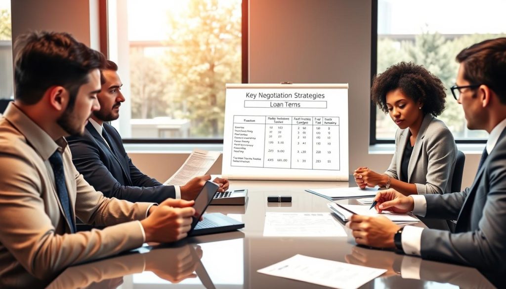 A professional business meeting scene showcasing negotiation skills on interest rates, fees, and loan terms. In the foreground, a diverse group of three individuals—two men and one woman—are seated around a sleek conference table, reviewing loan documents and calculators. They are dressed in formal business attire, exuding professionalism. In the middle ground, a flip chart displays key negotiation strategies, with charts and bullet points visible. The background features large windows allowing natural light to stream in, casting soft shadows. The atmosphere is focused and intense, emphasizing collaboration and strategic planning in a modern office setting. The lighting is bright but warm, enhancing the professionalism of the scene while hinting at a sense of urgency and importance in the discussions.
