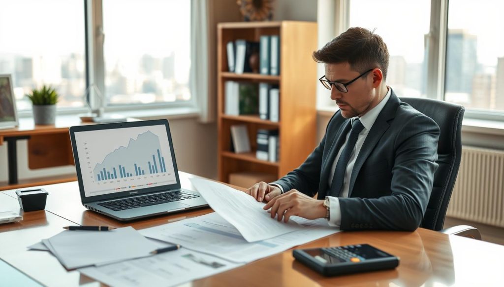 A professional business person in a well-furnished office, sitting at a desk filled with financial documents, a calculator, and a laptop, expressing determination and hope. The foreground features the person, dressed in formal attire, looking thoughtfully at a credit report. In the middle ground, aesthetically pleasing charts and graphs depicting an improving credit score are displayed on the laptop screen. The background shows a window with a bright, sunny cityscape outside, symbolizing opportunities. Soft, natural lighting filters in, creating an optimistic and encouraging atmosphere. The scene conveys the journey of credit improvement, emphasizing resilience and the possibility of a fresh financial start. A professional business person in a well-furnished office, sitting at a desk filled with financial documents, a calculator, and a laptop, expressing determination and hope. The foreground features the person, dressed in formal attire, looking thoughtfully at a credit report. In the middle ground, aesthetically pleasing charts and graphs depicting an improving credit score are displayed on the laptop screen. The background shows a window with a bright, sunny cityscape outside, symbolizing opportunities. Soft, natural lighting filters in, creating an optimistic and encouraging atmosphere. The scene conveys the journey of credit improvement, emphasizing resilience and the possibility of a fresh financial start.