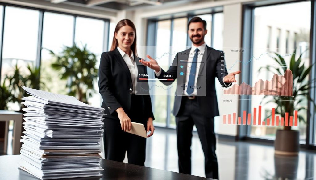 A professional business setting depicting the concept of "collateral risk" in non-bank lending. In the foreground, a confident businesswoman in formal attire stands beside a large stack of legal documents and a laptop, reviewing financial figures. In the middle ground, a confident businessman gestures towards a visual representation of risk factors, such as warning symbols and charts showing fluctuating market trends. The background features a modern office with large windows allowing natural light to flood the space, creating a bright and inviting atmosphere. The overall mood is serious yet optimistic, embodying the challenges and opportunities in securing collateral and mortgage agreements. Use a slight depth of field to emphasize the subjects while maintaining a clear view of the surroundings.