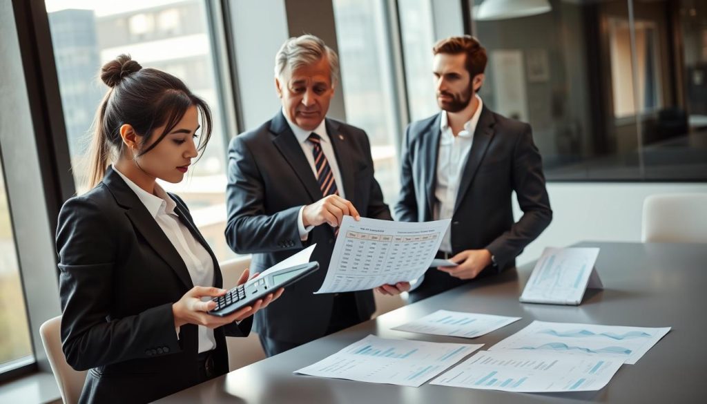 A professional business setting featuring a diverse group of three individuals discussing financial documents. In the foreground, a young woman in business attire holding a calculator, looking thoughtfully at a report showing debt-to-income ratios (DBR). Beside her, a middle-aged man in a suit points at key figures on a notepad while a younger man in casual business attire observes, appearing contemplative. In the middle ground, a sleek conference table with financial charts and graphs spread out. The background includes a modern office with large windows, allowing natural light to illuminate the scene, creating a warm but focused atmosphere. The angle is slightly elevated, capturing the intensity of their discussion and the importance of financial planning against a professional backdrop.