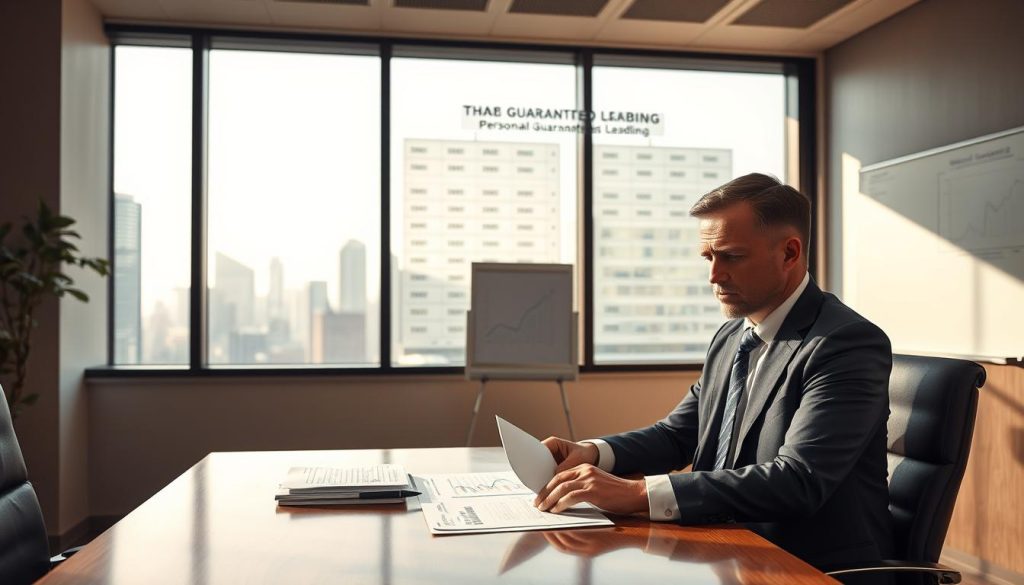 A professional business setting illustrating the concept of "guaranteed liability" in finance. In the foreground, a businessperson in formal attire, with a focused expression, reviews financial documents at a sleek wooden desk. The middle ground features a large window with city skyline views, casting soft natural light, creating a contrast with the serious ambiance. Behind them, a whiteboard displays graphs and charts regarding loan histories, emphasizing the impact of personal guarantees on business lending. The overall atmosphere should feel serious and analytical, demonstrating the weight of financial responsibilities in a corporate environment. Use a wide-angle lens to capture the entire scene, ensuring sharp focus on the individual while gently blurring the background for depth. A professional business setting illustrating the concept of "guaranteed liability" in finance. In the foreground, a businessperson in formal attire, with a focused expression, reviews financial documents at a sleek wooden desk. The middle ground features a large window with city skyline views, casting soft natural light, creating a contrast with the serious ambiance. Behind them, a whiteboard displays graphs and charts regarding loan histories, emphasizing the impact of personal guarantees on business lending. The overall atmosphere should feel serious and analytical, demonstrating the weight of financial responsibilities in a corporate environment. Use a wide-angle lens to capture the entire scene, ensuring sharp focus on the individual while gently blurring the background for depth.