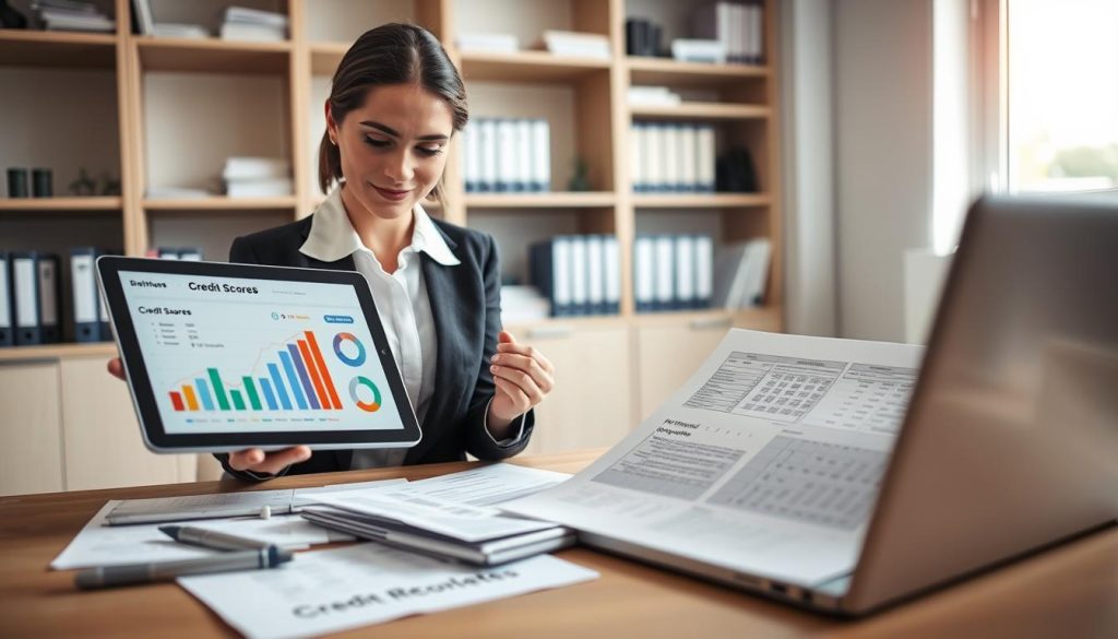 A professional business setting showcasing an analysis of credit scores and credit reports. In the foreground, a confident businesswoman in smart attire examines a digital tablet displaying graphs and key observations of credit scores. In the middle ground, various documents and a laptop open to a detailed credit report highlight financial data, surrounded by a clean, organized workspace. The background reveals shelves of financial books and a window with natural light streaming in, creating a bright and inviting atmosphere. The lighting is soft yet focused, emphasizing clarity and professionalism, captured from a slight angle to enhance depth. Overall, the image should evoke a sense of trust and expertise in financial assessment.