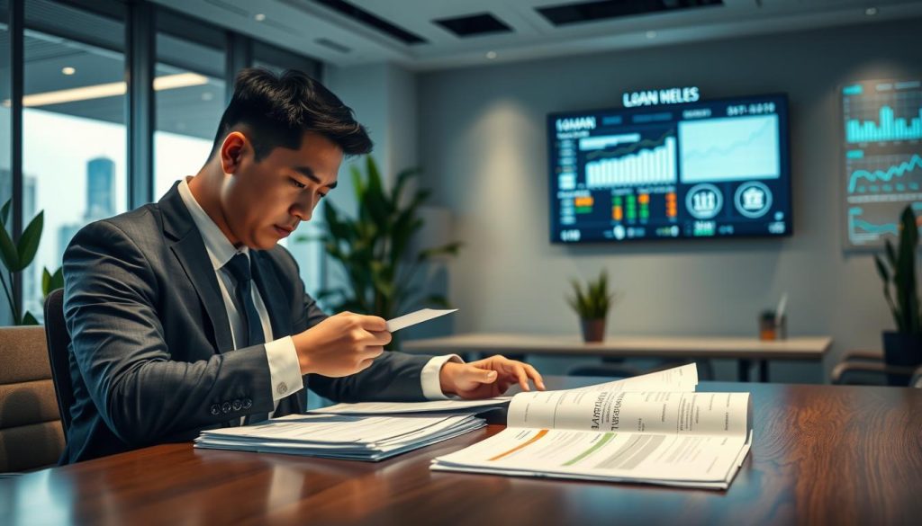 A professional business setting showcasing the evaluation of loan application results. In the foreground, a focused Asian man in formal attire reviews documents on a sleek wooden desk, illuminated by soft, ambient office lighting. Papers are neatly organized, including a visible summary report labeled "Loan Approval Status," conveying a sense of urgency and importance. In the middle ground, a modern office with large windows reveals a city skyline, casting natural light into the space. Green plants add a touch of life to the corporate atmosphere. In the background, a wall-mounted digital display shows financial graphs and statistics related to loan assessments, enhancing the professional environment. The overall mood is serious and analytical, emphasizing the significance of the loan review process.