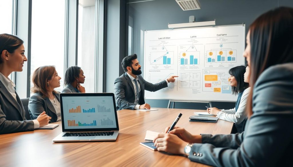 A professional business setting with a diverse group of individuals, all in smart business attire, gathered around a large conference table. The atmosphere is focused and engaged, highlighting a discussion about financial strategies. In the foreground, a woman is taking notes on a notepad while glancing at a laptop displaying charts with multiple bank logos. In the middle, a man gestures towards a whiteboard filled with graphs and flowcharts representing loan applications and their potential impacts. The background features large windows allowing natural light to flood the room, reflecting a bright and optimistic mood. The angle captures the intensity of teamwork and collaboration, emphasizing the strategic planning involved in managing multiple loan applications effectively.