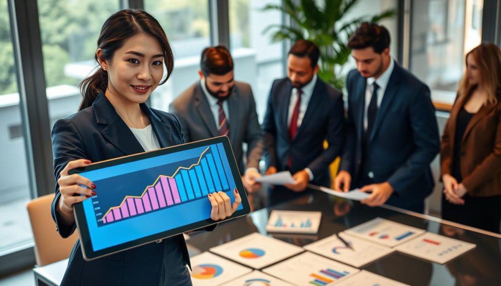 A professional business setting with a diverse group of individuals engaged in a constructive discussion about improving credit scores. In the foreground, a confident Asian woman in a tailored navy suit is presenting data on a tablet, illustrating a steady increase in credit score metrics. The middle layer shows a collaborative atmosphere, with two men and a woman, all in professional attire, analyzing financial documents on a sleek conference table filled with graphs and reports. The background features large windows allowing natural light to illuminate the room, along with a plant for a touch of greenery. The overall mood is focused and optimistic, emphasizing determination and progress towards financial stability.