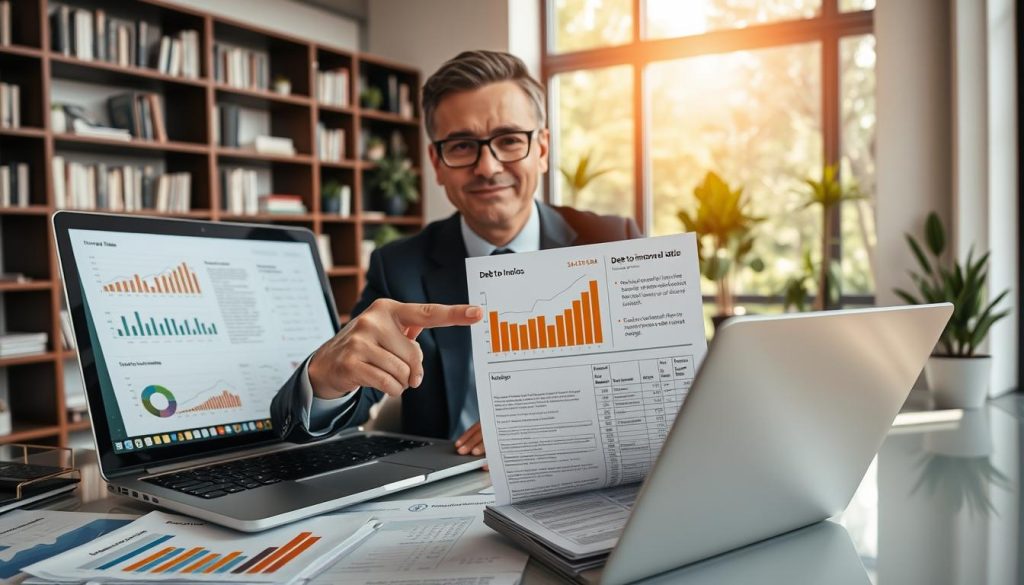 A professional financial advisor, dressed in a smart business suit, is seated at a modern desk cluttered with graphs and financial reports detailing "負債比" (debt-to-income ratio). Their laptop displays intricate charts analyzing income structure and debt ratios. In the foreground, a hand is pointing to a highlighted section of a report, indicating a focus on improving loan approval rates. The middle layer shows a sleek, well-organized office environment with bookshelves and potted plants, creating a balanced atmosphere. Sunlight streams in through a large window, casting gentle lighting that adds a warm touch to the scene. The overall mood is engaging and professional, reflecting the serious yet optimistic tone of financial planning. The image should be free of any text or additional graphics. A professional financial advisor, dressed in a smart business suit, is seated at a modern desk cluttered with graphs and financial reports detailing "負債比" (debt-to-income ratio). Their laptop displays intricate charts analyzing income structure and debt ratios. In the foreground, a hand is pointing to a highlighted section of a report, indicating a focus on improving loan approval rates. The middle layer shows a sleek, well-organized office environment with bookshelves and potted plants, creating a balanced atmosphere. Sunlight streams in through a large window, casting gentle lighting that adds a warm touch to the scene. The overall mood is engaging and professional, reflecting the serious yet optimistic tone of financial planning. The image should be free of any text or additional graphics.