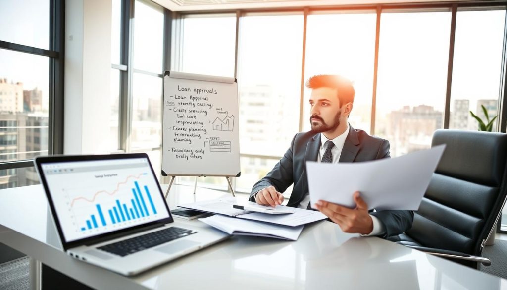 A professional financial advisor is seated at a sleek, modern desk in a well-lit office environment, analyzing a series of documents and charts. In the foreground, a laptop displays graphs indicating loan approval rates. The middle ground features a whiteboard with notes and diagrams illustrating alternative strategies for loan approval, such as credit score improvement and financial planning. In the background, large windows allow natural light to flood the space, creating an optimistic and focused atmosphere. The advisor, dressed in a smart business suit, looks thoughtfully at the documents, portraying a sense of determination and professionalism. The overall mood is one of hope and strategic planning, emphasizing the theme of self-empowerment in financial endeavors.