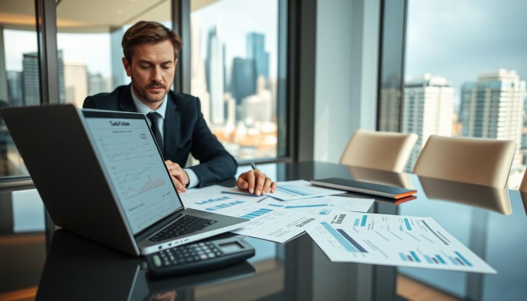 A professional financial advisor is sitting at a sleek conference table, analyzing various documents related to debt consolidation and refinancing, with student loans and new loan applications clearly visible. In the foreground, a laptop shows graphs depicting loan balances and interest rates, while a calculator and notepad are nearby. The advisor, dressed in professional business attire, looks focused and engaged. In the middle background, a large window reveals a bustling cityscape, hinting at economic activity outside. Soft, natural lighting illuminates the room, creating a calm and analytical atmosphere, while a slight depth of field keeps the focus on the advisor and the documents. The image conveys the seriousness and strategy involved in managing student loans alongside new financing options. A professional financial advisor is sitting at a sleek conference table, analyzing various documents related to debt consolidation and refinancing, with student loans and new loan applications clearly visible. In the foreground, a laptop shows graphs depicting loan balances and interest rates, while a calculator and notepad are nearby. The advisor, dressed in professional business attire, looks focused and engaged. In the middle background, a large window reveals a bustling cityscape, hinting at economic activity outside. Soft, natural lighting illuminates the room, creating a calm and analytical atmosphere, while a slight depth of field keeps the focus on the advisor and the documents. The image conveys the seriousness and strategy involved in managing student loans alongside new financing options.