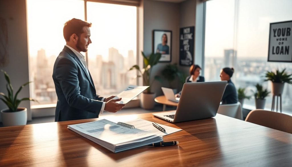 A professional financial advisor stands confidently at a sleek, modern office desk, reviewing various loan documents and digital presentations on a laptop. The foreground features a polished wooden desk with a stack of loan application forms organized neatly, a stylish pen poised next to them. In the middle ground, a large window reveals a bustling cityscape bathed in warm afternoon light, casting soft shadows that enhance the inviting atmosphere. The advisor, dressed in a tailored suit, is engaged in conversation with a client seated across from them, both appearing thoughtful and focused. The background showcases contemporary office decor, including plants and motivational artwork, adding a touch of professionalism to the setting. The overall mood is one of trust, clarity, and financial empowerment, inviting viewers to explore the concept of "代辦貸款". A professional financial advisor stands confidently at a sleek, modern office desk, reviewing various loan documents and digital presentations on a laptop. The foreground features a polished wooden desk with a stack of loan application forms organized neatly, a stylish pen poised next to them. In the middle ground, a large window reveals a bustling cityscape bathed in warm afternoon light, casting soft shadows that enhance the inviting atmosphere. The advisor, dressed in a tailored suit, is engaged in conversation with a client seated across from them, both appearing thoughtful and focused. The background showcases contemporary office decor, including plants and motivational artwork, adding a touch of professionalism to the setting. The overall mood is one of trust, clarity, and financial empowerment, inviting viewers to explore the concept of "代辦貸款".