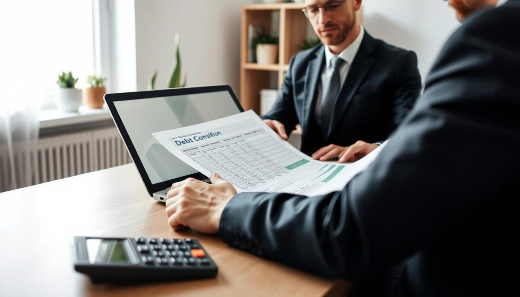 A professional financial advisor, wearing a smart business suit, is sitting at a modern desk with a laptop open in front of them, analyzing a spreadsheet related to debt consolidation. The foreground features a close-up of financial documents and a calculator, emphasizing budgeting efforts. In the middle ground, a comforting indoor environment with soft lighting from a nearby window creates a calming atmosphere. The background shows a minimalist bookshelf with finance-related books and potted plants, conveying a sense of professionalism and tranquility. The overall mood is focused and hopeful, representing the theme of reducing monthly payments through effective debt management strategies.