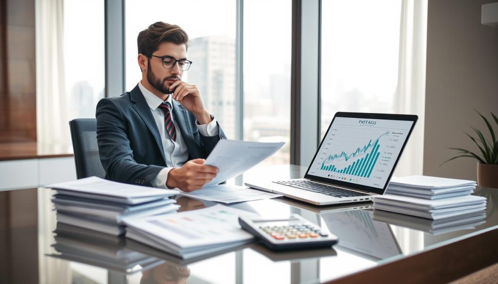 A professional individual sitting at a sleek, modern desk in a well-lit office, reviewing financial documents and a laptop displaying graphs related to quick lending options. The foreground features the person, dressed in business attire, with a thoughtful expression as they assess their financial choices. The middle ground features stacks of paperwork and a calculator, emphasizing the process of evaluating non-bank loan options. In the background, a window with soft natural light cascades into the room, highlighting a city skyline, symbolizing opportunity and financial growth. The atmosphere is focused and contemplative, capturing the essence of weighing the risks associated with non-bank loans. Use a soft focus effect to enhance the serene, professional mood.