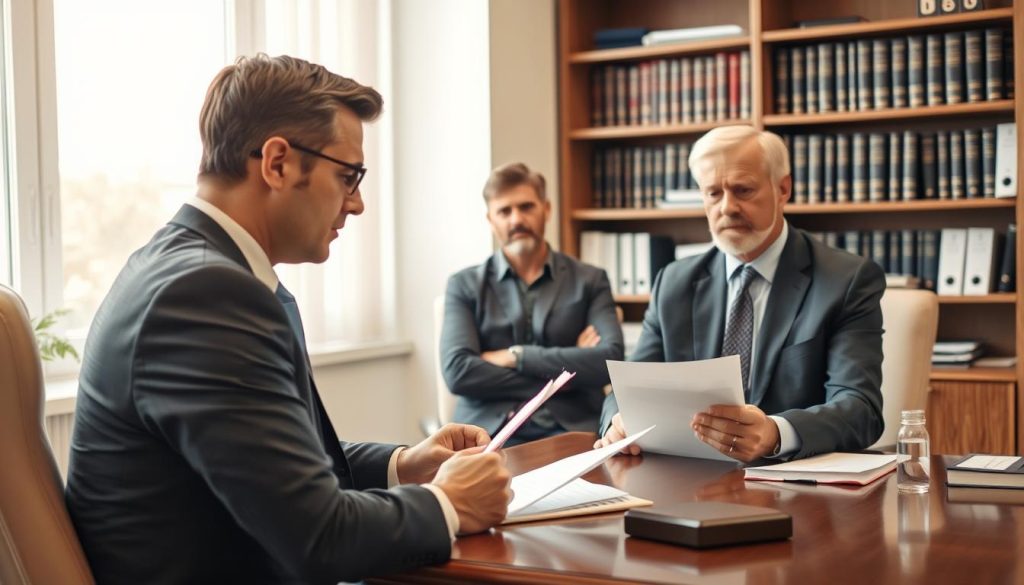 A professional lawyer seated at a desk in a well-furnished office, engaged in a serious consultation with a client, who appears concerned yet hopeful. In the foreground, the lawyer is reviewing documents, looking attentive and empathetic, dressed in formal business attire. In the middle ground, the client, a middle-aged individual with a worried expression, sits across the desk, wearing modest casual clothing, emphasizing the seriousness of the discussion regarding loan disputes. The background features shelves filled with legal books and a window allowing soft, natural light to illuminate the scene, creating a warm and focused atmosphere. The overall mood conveys a sense of professionalism and the importance of legal support in resolving financial conflicts. A professional lawyer seated at a desk in a well-furnished office, engaged in a serious consultation with a client, who appears concerned yet hopeful. In the foreground, the lawyer is reviewing documents, looking attentive and empathetic, dressed in formal business attire. In the middle ground, the client, a middle-aged individual with a worried expression, sits across the desk, wearing modest casual clothing, emphasizing the seriousness of the discussion regarding loan disputes. The background features shelves filled with legal books and a window allowing soft, natural light to illuminate the scene, creating a warm and focused atmosphere. The overall mood conveys a sense of professionalism and the importance of legal support in resolving financial conflicts.