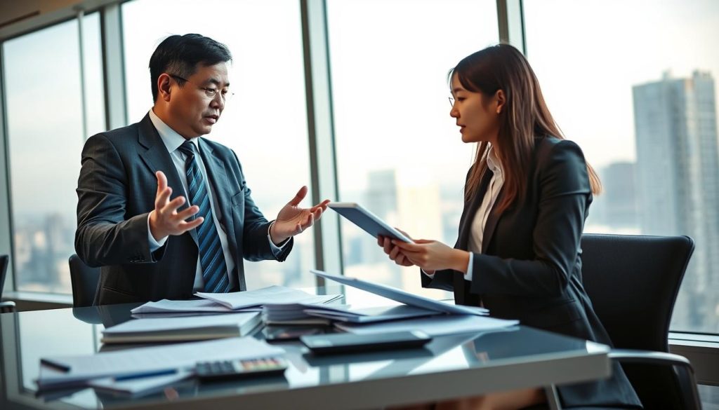 A professional loan consultant deeply engaged in a discussion with a client inside a modern office environment. In the foreground, the consultant, a middle-aged Asian man in a sharp business suit, gesticulates while explaining loan options, displaying confidence and expertise. The client, a young woman in business casual attire, listens intently, taking notes on her tablet. In the middle ground, a sleek desk is cluttered with financial documents, a laptop, and a calculator, suggesting a productive loan consultation. The background features large windows with soft, natural light casting a warm glow on the scene, creating an inviting atmosphere. A subtle cityscape is visible through the windows, reinforcing the urban professional setting. The overall mood is focused, attentive, and collaborative.