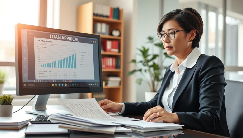 A professional loan officer in a modern office setting, reviewing documents and a computer screen displaying financial graphs and loan approval criteria. The officer, a middle-aged Asian woman in formal business attire, is focused and thoughtful, surrounded by various financial materials on the desk. In the background, soft-focus elements like a bookshelf filled with finance-related books and a potted plant contribute to a warm and professional atmosphere. Natural light streams through large windows, casting a soft glow and creating an inviting mood. The angle captures the officer from slightly above, emphasizing her concentration and the importance of the loan approval process.