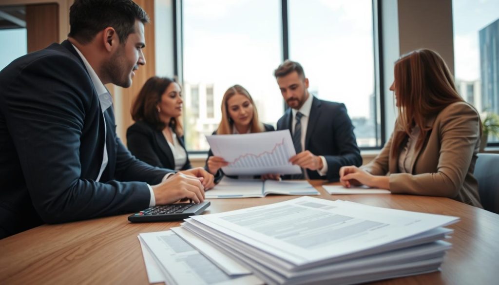 A professional-looking office environment with a diverse group of individuals engaged in a discussion around a table. In the foreground, a neatly organized stack of loan application documents and a calculator is visible. In the middle ground, two business professionals, a man and a woman, are reviewing a financial graph and discussing the benefits of having a guarantor for a bank loan application. They are dressed in smart business attire. In the background, a large window reveals a cityscape, with natural light flooding the room, creating a warm and inviting atmosphere. The scene conveys a sense of collaboration and financial planning. The camera angle is slightly above eye level, focusing on the group's interactions and the loan documents.