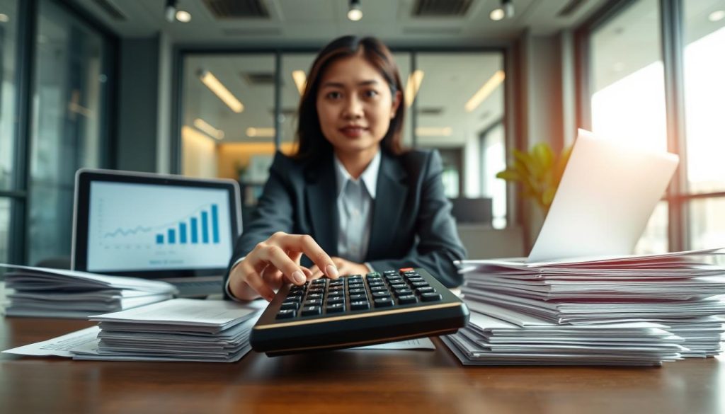 A professional-looking office setting with a central focus on a confident Asian businesswoman, wearing smart business attire, sitting at a desk filled with financial documents and a laptop displaying graphs and charts. In the foreground, a close-up of her hands holding a calculator, suggesting calculation and analysis. The middle ground features stacks of paperwork, representing loan applications and credit evaluations. The background includes a modern bank office environment, with large windows allowing soft natural light to illuminate the scene, creating a sense of transparency and trust. The mood is serious yet optimistic, emphasizing the theme of financial viability and responsibility in relation to loan applications. The image conveys the essential idea of repayment ability and creditworthiness without any text or distractions. A professional-looking office setting with a central focus on a confident Asian businesswoman, wearing smart business attire, sitting at a desk filled with financial documents and a laptop displaying graphs and charts. In the foreground, a close-up of her hands holding a calculator, suggesting calculation and analysis. The middle ground features stacks of paperwork, representing loan applications and credit evaluations. The background includes a modern bank office environment, with large windows allowing soft natural light to illuminate the scene, creating a sense of transparency and trust. The mood is serious yet optimistic, emphasizing the theme of financial viability and responsibility in relation to loan applications. The image conveys the essential idea of repayment ability and creditworthiness without any text or distractions.