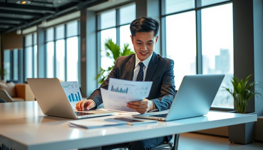 A professional-looking young Asian man in a business suit, sitting at a sleek, modern desk, reviewing documents on a laptop. He has a focused expression, surrounded by neatly organized papers and financial charts on the screen. In the background, a well-lit office space with large windows, letting in natural light, and a cityscape view adds depth. A green plant brings a fresh touch to the setting. The overall atmosphere is one of determination and optimism, reflecting a mindset geared towards improving loan approval chances. The image should be captured with a shallow depth of field to emphasize the subject while gently blurring the background, creating a professional and inspiring mood.