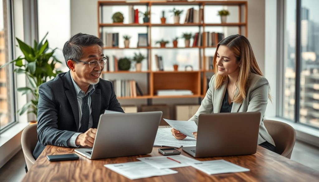 A professional, modern workspace featuring a middle-aged Asian male small business owner discussing plans with a young Caucasian female freelancer. In the foreground, they are seated at a contemporary wooden table with laptops and documents spread out. The middle ground shows shelves filled with books and potted plants, promoting a relaxed yet productive atmosphere. The background includes a large window allowing natural light to stream in, with a city skyline visible. The scene is well-lit with a warm ambiance, creating a collaborative mood. Both individuals are dressed in smart business attire, exuding professionalism and focus. The image should evoke a sense of partnership, innovation, and the spirit of entrepreneurship. A professional, modern workspace featuring a middle-aged Asian male small business owner discussing plans with a young Caucasian female freelancer. In the foreground, they are seated at a contemporary wooden table with laptops and documents spread out. The middle ground shows shelves filled with books and potted plants, promoting a relaxed yet productive atmosphere. The background includes a large window allowing natural light to stream in, with a city skyline visible. The scene is well-lit with a warm ambiance, creating a collaborative mood. Both individuals are dressed in smart business attire, exuding professionalism and focus. The image should evoke a sense of partnership, innovation, and the spirit of entrepreneurship.