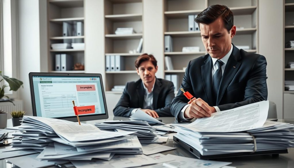 A professional office environment depicting a loan application being reviewed. In the foreground, a serious-looking businessperson in formal attire examines a pile of paperwork marked with red flags such as "Incomplete" and "Inconsistent." Papers are cluttered around a modern desk with a computer displaying a loan application form. In the middle ground, a concerned applicant sits across the desk, looking anxious, and dressed in business casual. The background shows a well-organized office with shelves filled with financial documents and books. The lighting is bright and focused, highlighting the tension of the moment. The overall mood is one of seriousness and urgency, illustrating the consequences of an incomplete loan application. A professional office environment depicting a loan application being reviewed. In the foreground, a serious-looking businessperson in formal attire examines a pile of paperwork marked with red flags such as "Incomplete" and "Inconsistent." Papers are cluttered around a modern desk with a computer displaying a loan application form. In the middle ground, a concerned applicant sits across the desk, looking anxious, and dressed in business casual. The background shows a well-organized office with shelves filled with financial documents and books. The lighting is bright and focused, highlighting the tension of the moment. The overall mood is one of seriousness and urgency, illustrating the consequences of an incomplete loan application.