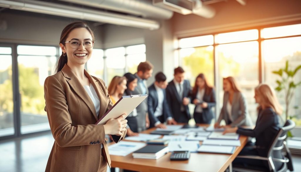 A professional office environment featuring a smiling businesswoman in a suit, standing confidently at the foreground with a clipboard in one hand, symbolizing the concept of "第二還款來源" (second repayment source). In the middle ground, diverse individuals engaged in a discussion around a table filled with financial documents and calculators, representing collaboration in a loan application process. The background shows large windows allowing natural light to flood the space, creating an inviting and optimistic atmosphere. The scene captures the essence of teamwork and financial planning, with a focus on clarity and professionalism. The lighting is bright and warm, emphasizing a positive mood, while maintaining a depth of field to draw attention to the interaction between individuals. No text or watermarks.