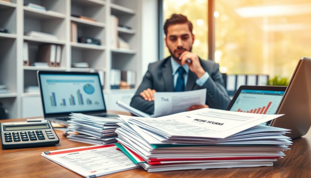 A professional office environment featuring a well-organized desk with various documents spread out, symbolizing alternative income proof options and acceptable files. In the foreground, a neat stack of colorful papers labeled with titles like "Pay Stubs," "Bank Statements," and "Tax Returns," alongside a modern calculator and a laptop displaying graphs. In the middle, a confident individual in professional business attire, attentively reviewing documents with a thoughtful expression, while a large window in the background allows natural light to illuminate the space, creating a warm and inviting atmosphere. The background includes blurred shelves filled with books and folders, adding to the professional setting. The overall mood is focused and informative, emphasizing the importance of having proper documentation for financial applications. A professional office environment featuring a well-organized desk with various documents spread out, symbolizing alternative income proof options and acceptable files. In the foreground, a neat stack of colorful papers labeled with titles like "Pay Stubs," "Bank Statements," and "Tax Returns," alongside a modern calculator and a laptop displaying graphs. In the middle, a confident individual in professional business attire, attentively reviewing documents with a thoughtful expression, while a large window in the background allows natural light to illuminate the space, creating a warm and inviting atmosphere. The background includes blurred shelves filled with books and folders, adding to the professional setting. The overall mood is focused and informative, emphasizing the importance of having proper documentation for financial applications.