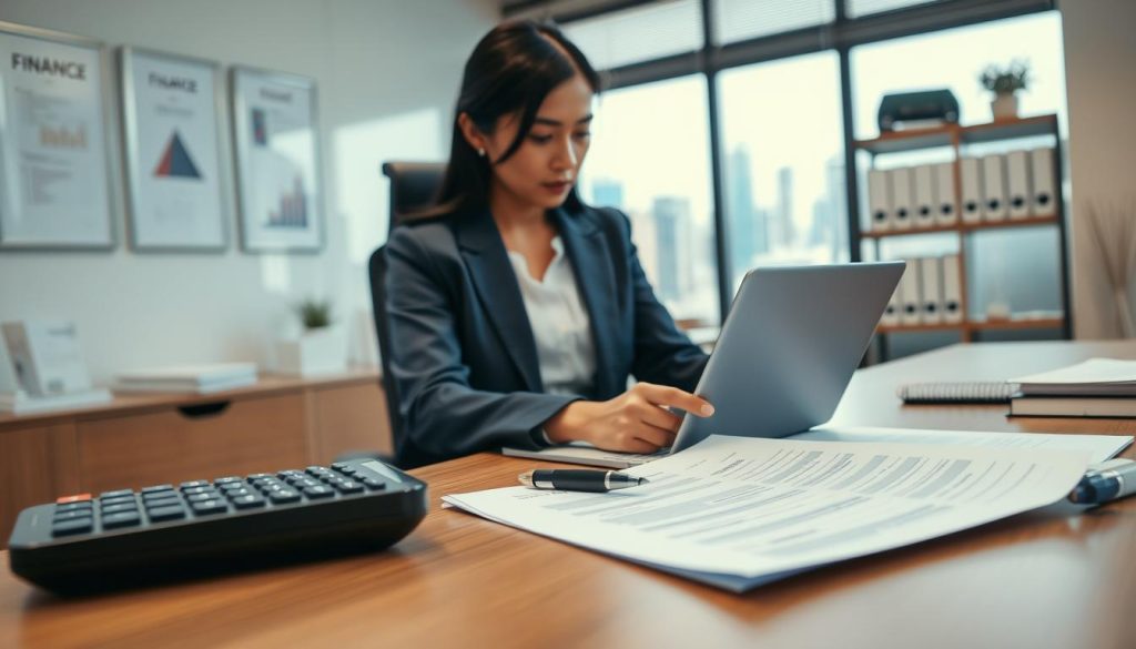 A professional office environment showcasing a loan application scene. In the foreground, a neatly organized desk with a loan application form partially filled out, a pen, and a calculator. In the middle ground, a focused, Asian businesswoman in professional attire, reviewing financial documents while looking at her laptop. She's seated in an office chair, with a serious expression indicating concentration. The background features a modern office space with shelves of finance books and a window showing a city skyline, allowing soft, natural light to fill the room, creating a calm yet focused atmosphere. The angle is slightly above eye level, giving an overview of the entire scene while highlighting the subject's diligence. A professional office environment showcasing a loan application scene. In the foreground, a neatly organized desk with a loan application form partially filled out, a pen, and a calculator. In the middle ground, a focused, Asian businesswoman in professional attire, reviewing financial documents while looking at her laptop. She's seated in an office chair, with a serious expression indicating concentration. The background features a modern office space with shelves of finance books and a window showing a city skyline, allowing soft, natural light to fill the room, creating a calm yet focused atmosphere. The angle is slightly above eye level, giving an overview of the entire scene while highlighting the subject's diligence.