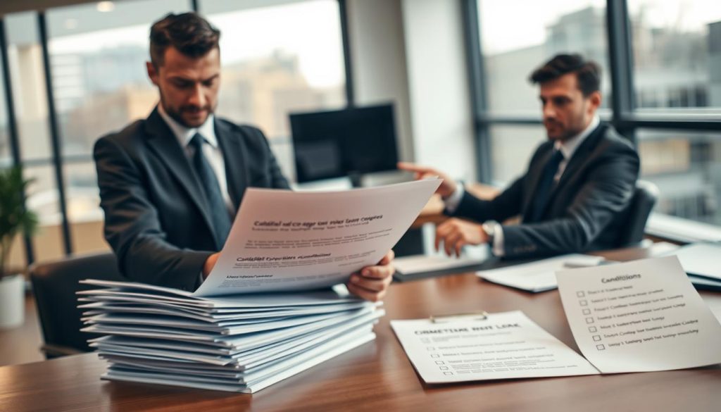 A professional office environment showcasing a meeting between a banker and a client. In the foreground, the client, dressed in business attire, appears concerned while reviewing a stack of documents that represent collateral and co-signer conditions. The banker, also in professional attire, sits at a desk, pointing at specific criteria with a serious expression. In the middle ground, a blurred checklist can be seen, outlining the unmet requirements for loan approval. The background features a modern office with large windows letting in soft, natural light, conveying a tense atmosphere of financial scrutiny and deliberation. The composition should have a slightly angled perspective to enhance depth, with warm lighting to create a professional yet intimate mood. A professional office environment showcasing a meeting between a banker and a client. In the foreground, the client, dressed in business attire, appears concerned while reviewing a stack of documents that represent collateral and co-signer conditions. The banker, also in professional attire, sits at a desk, pointing at specific criteria with a serious expression. In the middle ground, a blurred checklist can be seen, outlining the unmet requirements for loan approval. The background features a modern office with large windows letting in soft, natural light, conveying a tense atmosphere of financial scrutiny and deliberation. The composition should have a slightly angled perspective to enhance depth, with warm lighting to create a professional yet intimate mood.