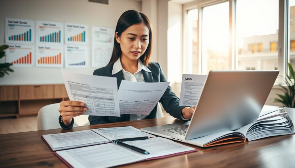 A professional office environment showcasing a multi-layered approach to credit management. In the foreground, a well-dressed Asian woman in business attire is reviewing multiple loan applications on a sleek laptop, a look of concentration on her face. The middle layer features a stylish wooden desk with open folders labeled with various bank names, alongside a notepad filled with notes and calculations. In the background, a bright office with large windows allows natural light to stream in, casting soft shadows. Charts and graphs related to credit scores and approval rates adorn the walls. The overall mood is focused and optimistic, emphasizing the importance of managing credit wisely for future loan applications. The lighting is warm but professional, enhancing the productive atmosphere.