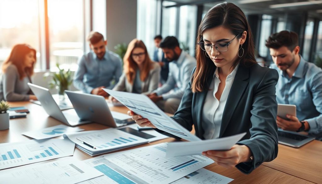 A professional office environment with a diverse group of individuals analyzing data on documents and laptops, deep in discussion about loan application assessments. In the foreground, a focused businesswoman in professional attire is examining a report with a thoughtful expression. The middle ground features a desk scattered with financial documents, charts showing data gaps, and laptops displaying graphs. The background shows a modern office with large windows, allowing soft natural light to illuminate the space, creating a contemplative atmosphere. The color palette is calm and professional, with blues and grays predominating. The composition should convey a sense of collaboration and critical thinking, emphasizing the importance of understanding data gaps before applying for a bank loan.