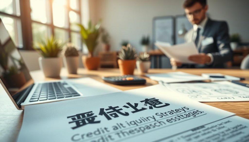 A professional office environment with a focus on financial documentation. In the foreground, a close-up of a document titled "聯徵報告" lies on a wooden desk, partially covered by a sleek laptop and a financial calculator. The middle ground features an organized workspace with a few potted plants and a notepad filled with notes and sketches regarding credit inquiry strategies. In the background, a large window lets in soft, diffused sunlight, creating a warm yet focused atmosphere. A blurred office setting with a person in business attire, engaging with documents, adds a sense of professionalism. The lighting is bright but inviting, employing a shallow depth of field to emphasize the document, while maintaining a clean and sophisticated ambiance, perfect for illustrating the concept of financial health checks and credit repair strategies. A professional office environment with a focus on financial documentation. In the foreground, a close-up of a document titled "聯徵報告" lies on a wooden desk, partially covered by a sleek laptop and a financial calculator. The middle ground features an organized workspace with a few potted plants and a notepad filled with notes and sketches regarding credit inquiry strategies. In the background, a large window lets in soft, diffused sunlight, creating a warm yet focused atmosphere. A blurred office setting with a person in business attire, engaging with documents, adds a sense of professionalism. The lighting is bright but inviting, employing a shallow depth of field to emphasize the document, while maintaining a clean and sophisticated ambiance, perfect for illustrating the concept of financial health checks and credit repair strategies.