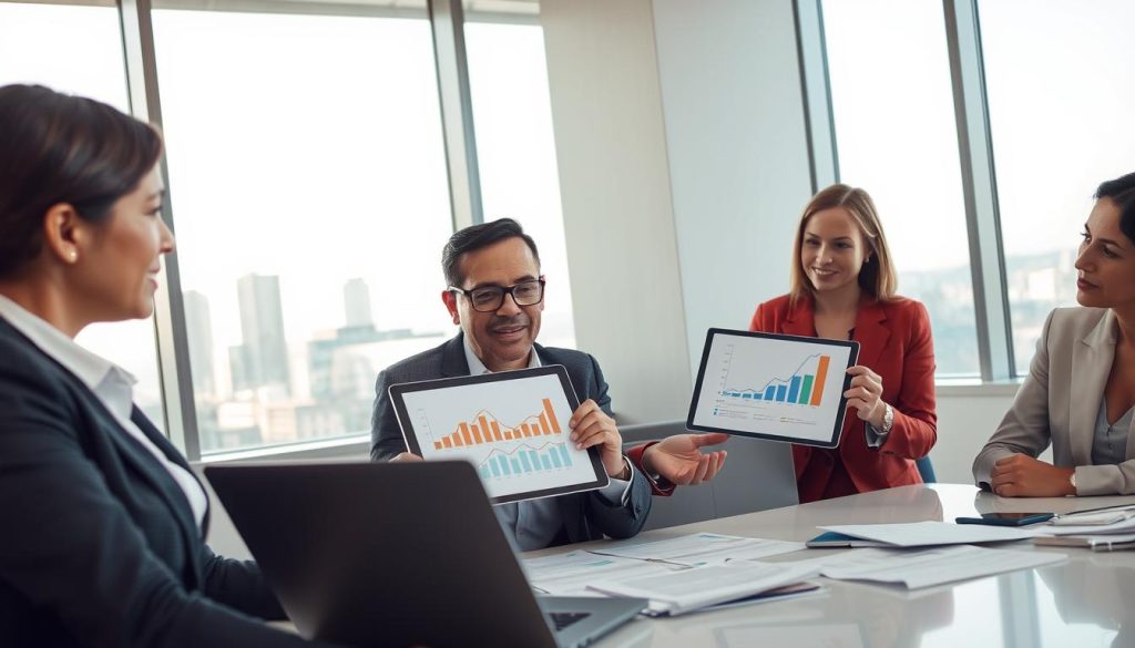 A professional office scene depicting a diverse group of individuals engaged in a thoughtful discussion around a table, evaluating options for a financial solution. In the foreground, a woman in a neat business suit is analyzing documents and a laptop, her expression focused and determined. In the middle, a man wearing glasses gestures to a chart displayed on a tablet, illustrating alternative strategies. The background features a large window with natural light pouring in, showcasing a cityscape, creating a bright and optimistic atmosphere. The overall mood should convey collaboration, strategic thinking, and professionalism. The scene should avoid any personal identifiers and should not contain any text or distractions.