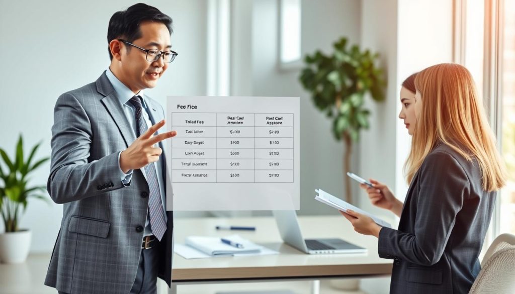 A professional office scene depicting a financial consultant discussing different fee structures with a client. In the foreground, a well-dressed consultant, a middle-aged Asian man in a suit, is gesturing towards a clear chart illustrating various pricing models for loan assistance services. The client, a young woman in business casual, listens attentively while taking notes. In the middle background, a clean, modern office setting features a sleek desk with financial documents and a laptop. Soft, diffused lighting enhances the professional atmosphere, while a large window allows natural light to fill the room, creating an inviting and focused mood. The image should capture the essence of financial professionalism and the importance of understanding pricing in loan assistance.