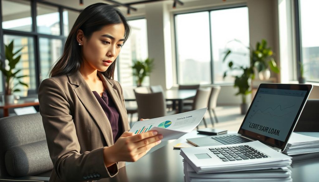 A professional office scene illustrating various loan types, specifically credit loans. In the foreground, a well-dressed Asian woman, appearing thoughtful, examines a document with graphs and charts, symbolizing financial options. In the middle ground, stacks of paperwork and a laptop display a loan calculator, with subtle graphs indicating potential loan amounts. The background features a stylish conference room with large windows allowing natural light to fill the space, creating a bright and inviting atmosphere. Soft shadows enhance the scene, evoking a mood of professionalism and contemplation. Use a wide-angle lens perspective to capture the environment, ensuring clarity and focus on the woman and her financial documents. The overall tone should be serious yet optimistic, reflecting financial potential and decision-making.