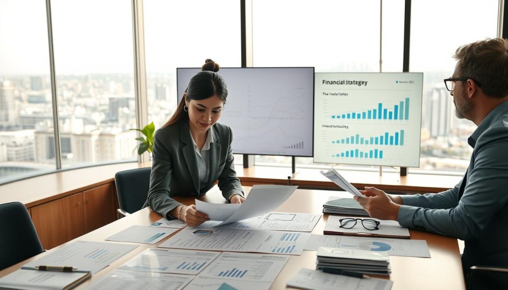 A professional office setting depicting a diverse team of three financial advisors engaged in a discussion around a large table covered with charts, graphs, and financial documents related to "核貸策略." The foreground features a focused woman in a business suit, analyzing paperwork, with a thoughtful expression. In the middle ground, a man in smart attire gestures towards a digital presentation on a screen, displaying key metrics and interest rates. The background includes a panoramic window with a city skyline, allowing soft natural light to illuminate the scene, creating a warm, collaborative atmosphere. The image captures a sense of professionalism, teamwork, and focus on financial strategies. A professional office setting depicting a diverse team of three financial advisors engaged in a discussion around a large table covered with charts, graphs, and financial documents related to "核貸策略." The foreground features a focused woman in a business suit, analyzing paperwork, with a thoughtful expression. In the middle ground, a man in smart attire gestures towards a digital presentation on a screen, displaying key metrics and interest rates. The background includes a panoramic window with a city skyline, allowing soft natural light to illuminate the scene, creating a warm, collaborative atmosphere. The image captures a sense of professionalism, teamwork, and focus on financial strategies.