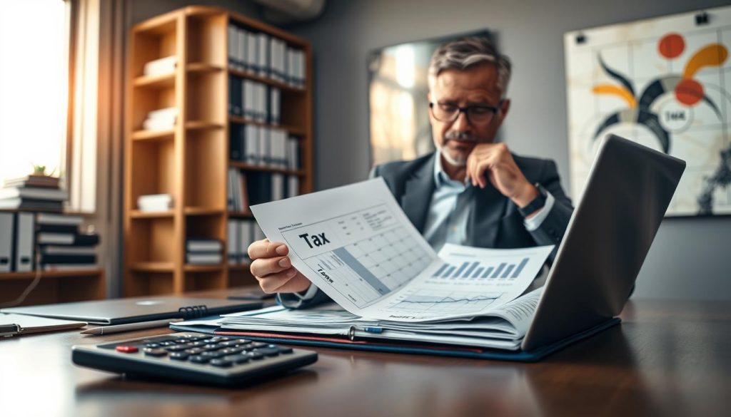 A professional office setting depicting a financial consultant reviewing tax documents and a calculator on the desk, symbolizing tax declaration and tax-saving strategies. In the foreground, a middle-aged man in business attire analyzes charts displaying tax impacts on a laptop, while a neatly organized folder labeled "Taxes" sits beside him. The middle ground features a large window with natural light casting a warm glow across the office, highlighting the diligence of the work involved. In the background, shelves filled with financial books and an abstract art piece that relates to finance create an inspiring atmosphere. The overall mood conveys professionalism and seriousness, emphasizing the importance of tax configurations in financial assessments. Capture this from a slight angle to add depth and interest.