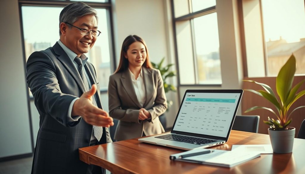 A professional office setting depicting a loan consultation scenario. In the foreground, a well-dressed financial advisor, a middle-aged Asian man, gestures towards a laptop displaying loan options, with a friendly and approachable expression. In the middle ground, a young woman in smart casual attire, looking intrigued and hopeful, leans forward, listening intently. The background features a modern office with large windows letting in warm sunlight, casting soft shadows on the sleek wooden desk adorned with financial documents and a potted plant. The atmosphere is one of trust and professionalism, with natural lighting enhancing the warm tones of the space, conveying a sense of optimism and possibility in the face of financial challenges. The angle captures both characters and their interaction meaningfully.