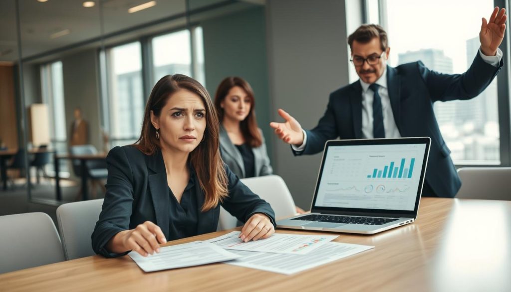 A professional office setting featuring a diverse group of individuals engaged in a serious discussion about bank loan applications. In the foreground, a businesswoman dressed in professional attire, looking concerned, is sitting at a modern conference table with financial documents spread before her. In the middle ground, another colleague, a man in a suit, gestures toward a laptop displaying graphs and loan terms. In the background, a window reveals a cityscape, with soft natural light filtering into the room, creating an atmosphere of focus and urgency. The overall mood conveys determination and professionalism, as they strategize overcoming the challenges of loan rejection. The camera angle captures a dynamic and engaging perspective, highlighting their collaboration.