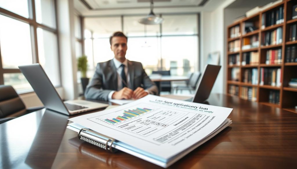 A professional office setting, featuring a well-dressed financial advisor in business attire, seated at a sleek desk filled with financial documents and a laptop open to loan application strategies. In the foreground, emphasize a detailed view of a colorful financial chart and a loan application form with checkmarks, symbolizing evaluation and analysis. The middle ground showcases a modern conference room with large windows, allowing natural light to illuminate the space and create a warm atmosphere. The background should include a bookshelf filled with finance-related books, subtly depicting knowledge and expertise in banking and loan processes. The overall mood conveys professionalism and clarity, inviting the viewer to understand the intricacies of bank loans versus agency loans. A professional office setting, featuring a well-dressed financial advisor in business attire, seated at a sleek desk filled with financial documents and a laptop open to loan application strategies. In the foreground, emphasize a detailed view of a colorful financial chart and a loan application form with checkmarks, symbolizing evaluation and analysis. The middle ground showcases a modern conference room with large windows, allowing natural light to illuminate the space and create a warm atmosphere. The background should include a bookshelf filled with finance-related books, subtly depicting knowledge and expertise in banking and loan processes. The overall mood conveys professionalism and clarity, inviting the viewer to understand the intricacies of bank loans versus agency loans.