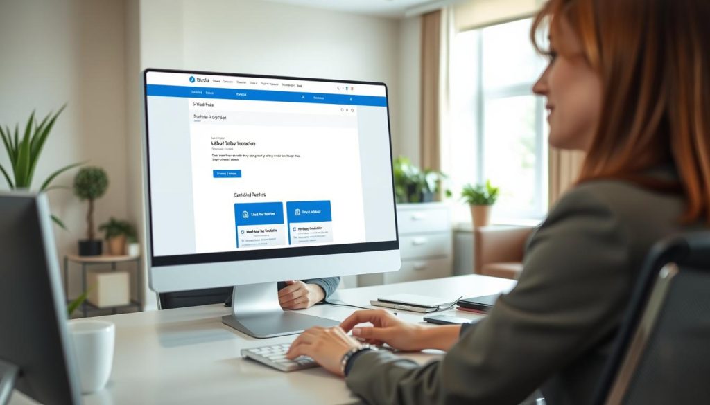 A professional office setting featuring a woman in business attire sitting at a desk, focused on her computer. She is using a web browser to access a government portal for downloading her personal labor insurance data. In the foreground, the computer screen displays a clear, organized layout of the insurance information with downloadable options visibly highlighted. The background shows a well-lit office environment, complete with plants, a filing cabinet, and a window letting in natural light, creating a welcoming atmosphere. The scene captures a sense of diligence and professionalism, emphasizing the importance of accessing personal insurance records efficiently. The composition is balanced, with a shallow depth of field, placing the woman and her screen in sharp focus while the background remains softly blurred.