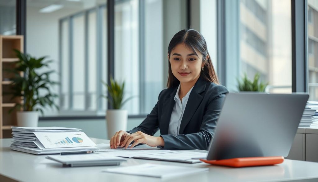 A professional office setting focusing on a financial consultant working on a monthly payment calculation for a loan application. In the foreground, a young Asian woman in smart business attire is seated at a modern desk, with a laptop open displaying charts and figures. Surrounding her are documents and a calculator, suggesting a detailed analysis of finances. In the middle ground, there are stacks of paperwork and a potted plant for a touch of greenery. The background features a large window with soft natural light streaming in, illuminating the scene and creating a calm atmosphere. The overall mood is one of professionalism and diligence, with an emphasis on clarity and focus in financial decision-making.