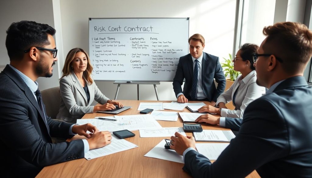 A professional office setting focusing on risk management and contract terms, featuring a diverse group of three business professionals (two men and one woman) in smart business attire. The foreground shows them engaged in a discussion around a table filled with contract documents, calculators, and risk assessment charts. The middle ground has a large whiteboard displaying key points about risk control and contract highlights, written in clear bullet points. In the background, a large window allows natural light to illuminate the room, casting soft shadows. The atmosphere is serious but collaborative, emphasizing teamwork and strategic planning, with a slight focus on professionalism and integrity in financial dealings.