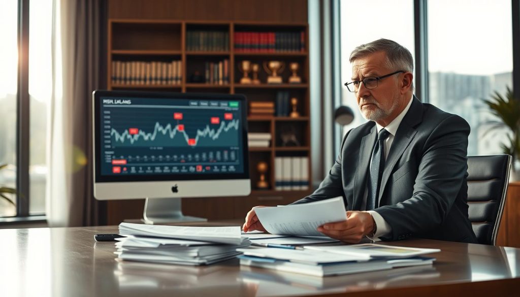 A professional office setting illuminated by soft, natural light pouring in through large windows. In the foreground, a middle-aged businessperson in a tailored suit is sitting at a sleek desk, looking concerned while analyzing a stack of loan documents and financial reports. In the middle ground, a digital financial dashboard is displayed on a computer screen, showing fluctuating graphs and red flags indicating risky loans. In the background, shelves filled with corporate books and awards lend a sense of professionalism. The overall mood is tense and reflective, conveying the gravity of making financial decisions. The scene captures a moment of caution and awareness in the world of lending and cash flow operations. A professional office setting illuminated by soft, natural light pouring in through large windows. In the foreground, a middle-aged businessperson in a tailored suit is sitting at a sleek desk, looking concerned while analyzing a stack of loan documents and financial reports. In the middle ground, a digital financial dashboard is displayed on a computer screen, showing fluctuating graphs and red flags indicating risky loans. In the background, shelves filled with corporate books and awards lend a sense of professionalism. The overall mood is tense and reflective, conveying the gravity of making financial decisions. The scene captures a moment of caution and awareness in the world of lending and cash flow operations.
