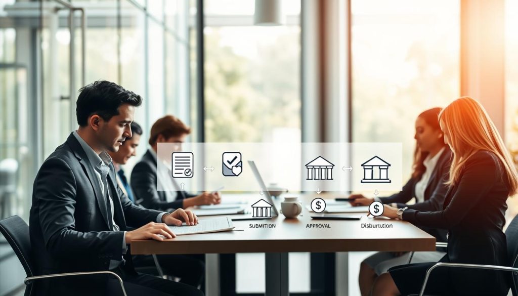 A professional office setting illustrating a loan disbursement process. In the foreground, a diverse group of business professionals in professional attire, including a man in a suit and a woman in smart casual wear, reviewing documents at a conference table. In the middle ground, a visually-clear flowchart depicting the steps of the loan application process: submission, verification, approval, and disbursement, with symbolic icons representing each step (like a checklist, stamp, bank building, and cash). In the background, large windows allow natural light to filter in, creating a bright, optimistic atmosphere. The overall mood should be focused and productive, capturing the seriousness of financial transactions while encouraging a sense of collaboration and support.