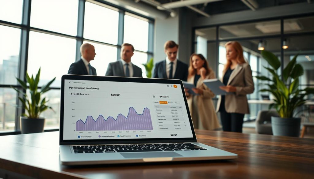 A professional office setting illustrating payroll deposit consistency. In the foreground, a close-up of a sleek laptop displaying a financial dashboard with trend graphs indicating salary deposits over time. The middle ground features a diverse group of business professionals, dressed in smart attire, reviewing financial documents and chatting, showcasing teamwork and collaboration. In the background, a modern office with large windows allowing natural light to flood in, plants adding greenery, and a subtle cityscape visible outside. The lighting is warm and inviting, creating a focused yet collaborative atmosphere, highlighting discussions around continuous salary entries, amount fluctuations, and the sources of these deposits.