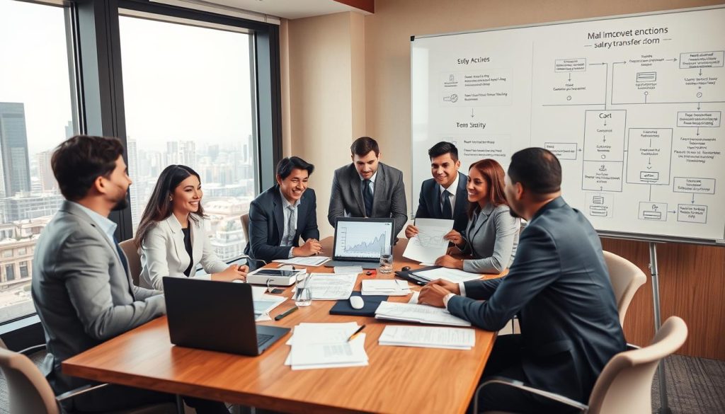 A professional office setting illustrating the impact of interbank salary transfers and multiple account salary payments on loan approval processes. In the foreground, a diverse group of business professionals in business attire is engaged in a discussion around a conference table filled with financial documents and a laptop displaying graphs. In the middle ground, a large window reveals a city skyline, casting natural light onto the scene, enhancing a productive atmosphere. The background features a whiteboard with financial charts and flow diagrams detailing salary transfer processes. The mood is analytical and focused, reflecting the significance of financial decisions. The angle is slightly elevated to capture both the table dynamics and the backdrop clearly, with warm lighting to convey a positive and professional environment.