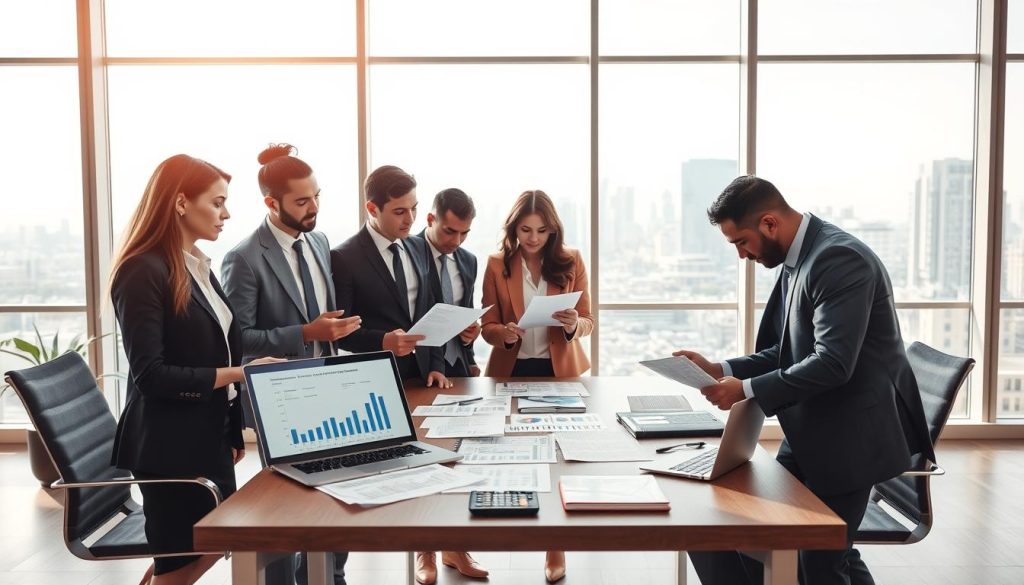 A professional office setting representing the loan application process in a clear, informative visual. In the foreground, a diverse group of business professionals in smart attire, including a woman and a man, are engaged in a discussion over paperwork, analyzing documents related to loan processing. In the middle ground, a large table is filled with charts, a laptop displaying financial graphs, and a calculator. In the background, a bright, modern office with large windows showcasing a cityscape, with soft natural light flooding the room, creating a collaborative atmosphere. The overall mood should convey professionalism, teamwork, and clarity, emphasizing the step-by-step approach to the loan agency process.