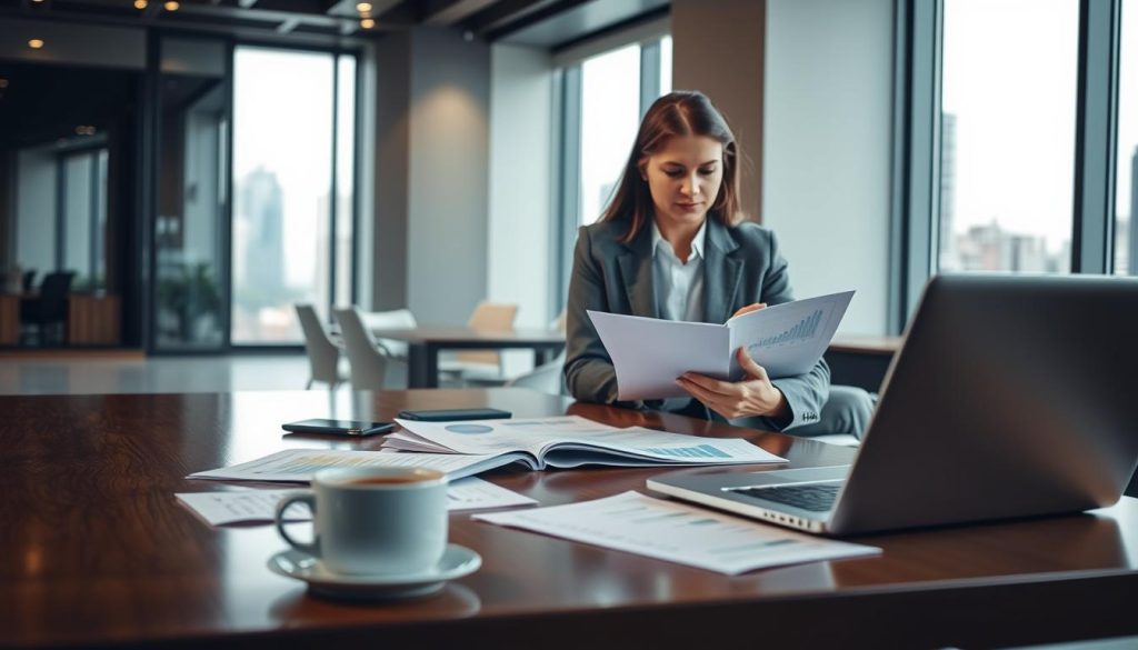 A professional office setting that illustrates the concept of "revolving interest." In the foreground, a polished wooden desk with a laptop, open financial documents, and a cup of coffee, symbolizing careful financial management. In the middle, a thoughtful businesswoman in a smart gray suit, analyzing graphs on her laptop, showing a keen interest in financial strategies. In the background, a sleek office with large windows letting in natural light, softening the atmosphere, and cityscape views. The overall mood should be focused and contemplative, emphasizing the seriousness of financial decisions. Use soft, diffused lighting to create a warm yet professional ambiance, shot from a slight angle to bring depth to the scene. A professional office setting that illustrates the concept of "revolving interest." In the foreground, a polished wooden desk with a laptop, open financial documents, and a cup of coffee, symbolizing careful financial management. In the middle, a thoughtful businesswoman in a smart gray suit, analyzing graphs on her laptop, showing a keen interest in financial strategies. In the background, a sleek office with large windows letting in natural light, softening the atmosphere, and cityscape views. The overall mood should be focused and contemplative, emphasizing the seriousness of financial decisions. Use soft, diffused lighting to create a warm yet professional ambiance, shot from a slight angle to bring depth to the scene.