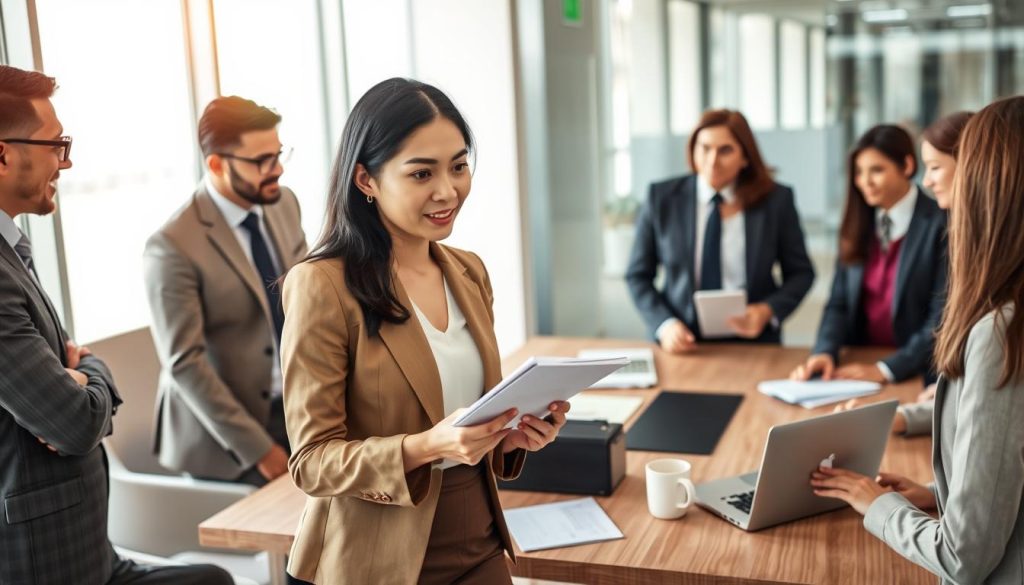 A professional office setting where a diverse group of business people discuss loan application criteria. In the foreground, a well-dressed Asian businesswoman explaining key loan terms on a notepad, surrounded by interested colleagues in professional attire, including a Caucasian man and a Hispanic woman. In the middle, a modern conference table with financial documents, laptops, and coffee cups, enhancing the serious atmosphere of financial discussion. The background features a large window with natural light streaming in, illuminating the room and creating a collaborative mood. Use a wide-angle lens to capture the interactions, ensuring clarity and focus on facial expressions while softening the background slightly to maintain the attention on the discussion.