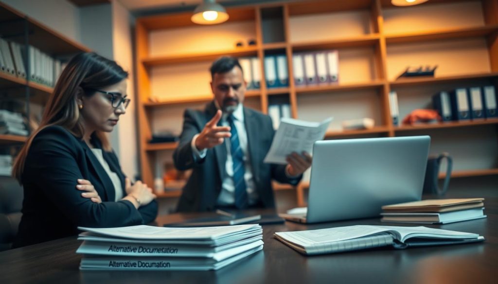 A professional office setting where a person is engaged in a focused discussion with a colleague. In the foreground, a woman in smart business attire reviews a stack of documents labeled "Alternative Documentation" on a desk, showcasing her serious demeanor. In the middle, a man in a tailored suit gestures toward a laptop, indicating a financial report while a notepad with handwritten notes lies nearby. The background features shelves filled with books and binders, softly illuminated by warm overhead lighting creating an inviting atmosphere. The scene captures the essence of collaboration in a professional context, highlighting the importance of supplementing conventional documents with alternative evidence in financial discussions. A shallow depth of field emphasizes the interaction, creating a sense of intimacy in the workspace.